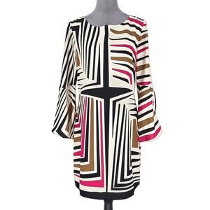 Julie Brown Dress Womens 8 Ivory Black Geometric Lined Back Zip Bell Sleeve